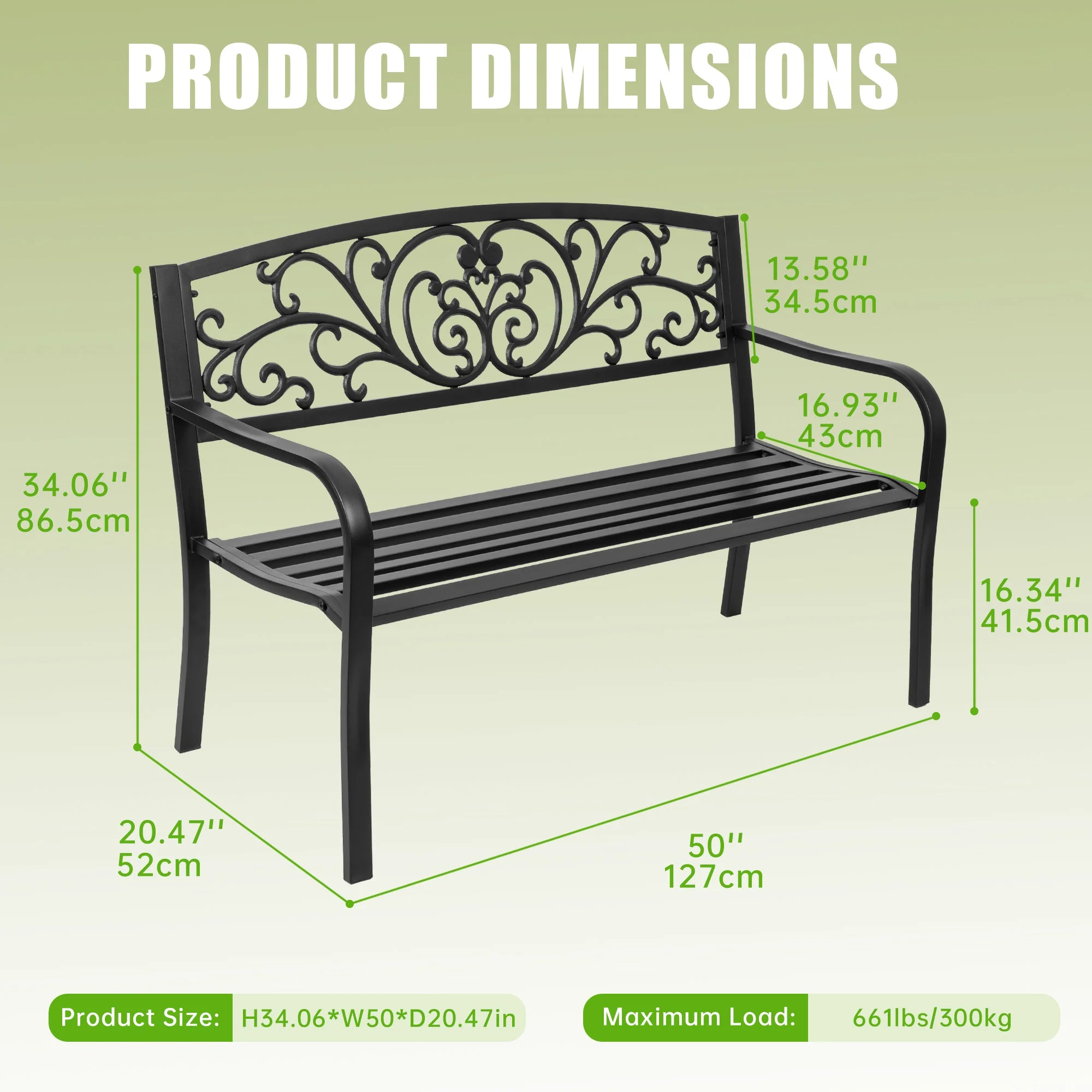 Outdoor Metal Garden Bench Decorative Patio Park Bench Black Finish AMGB234 - Image 5
