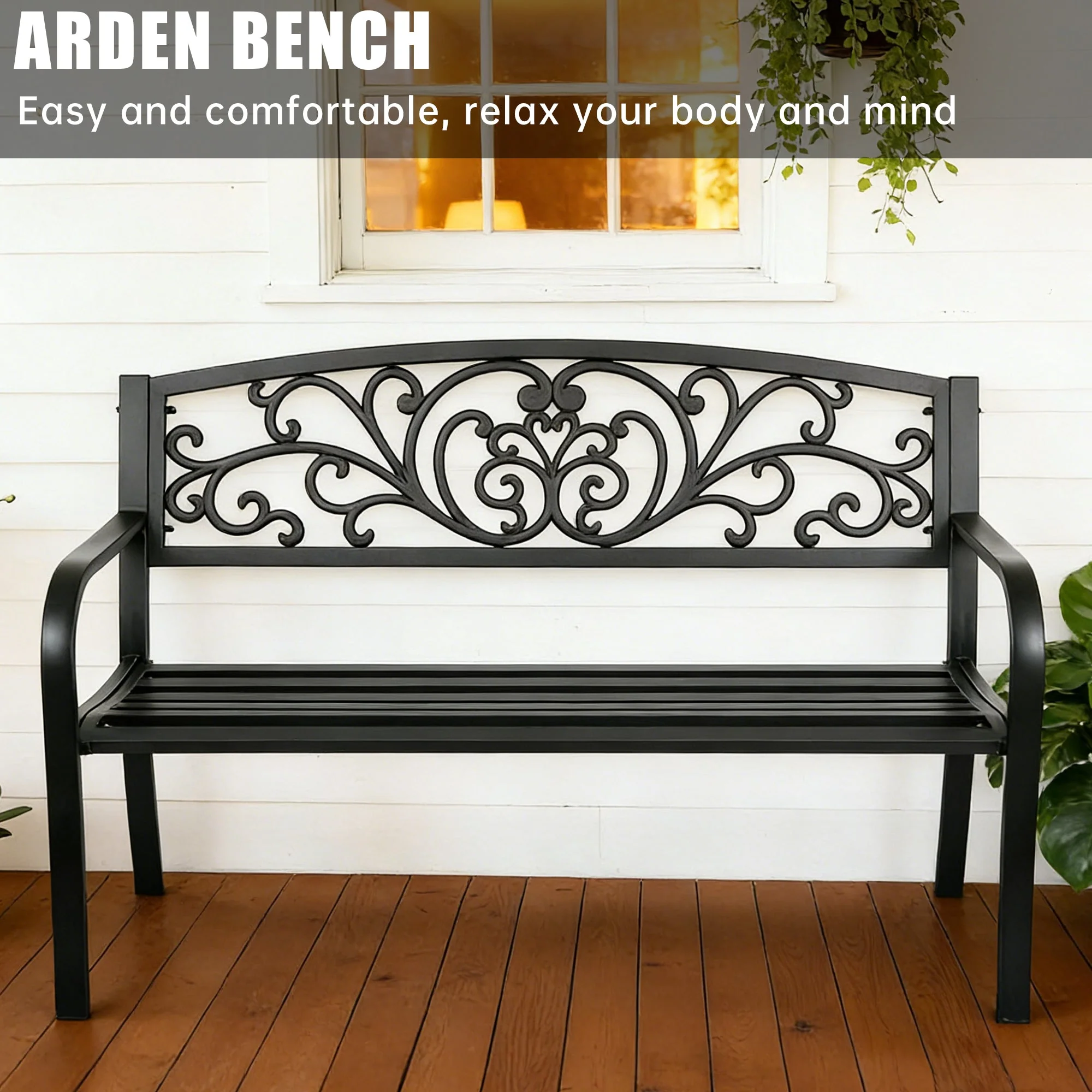 Outdoor Metal Garden Bench Decorative Patio Park Bench Black Finish AMGB234 - Image 6
