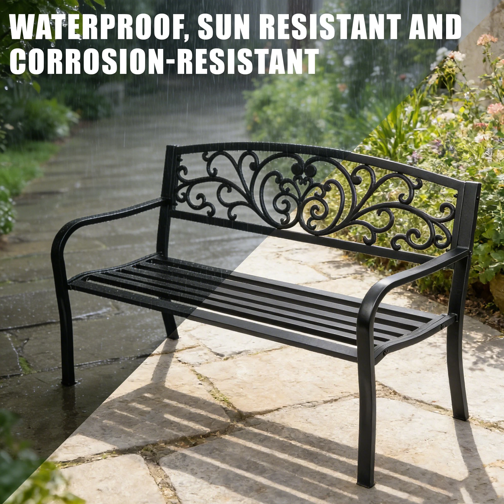 Outdoor Metal Garden Bench Decorative Patio Park Bench Black Finish AMGB234 - Image 7