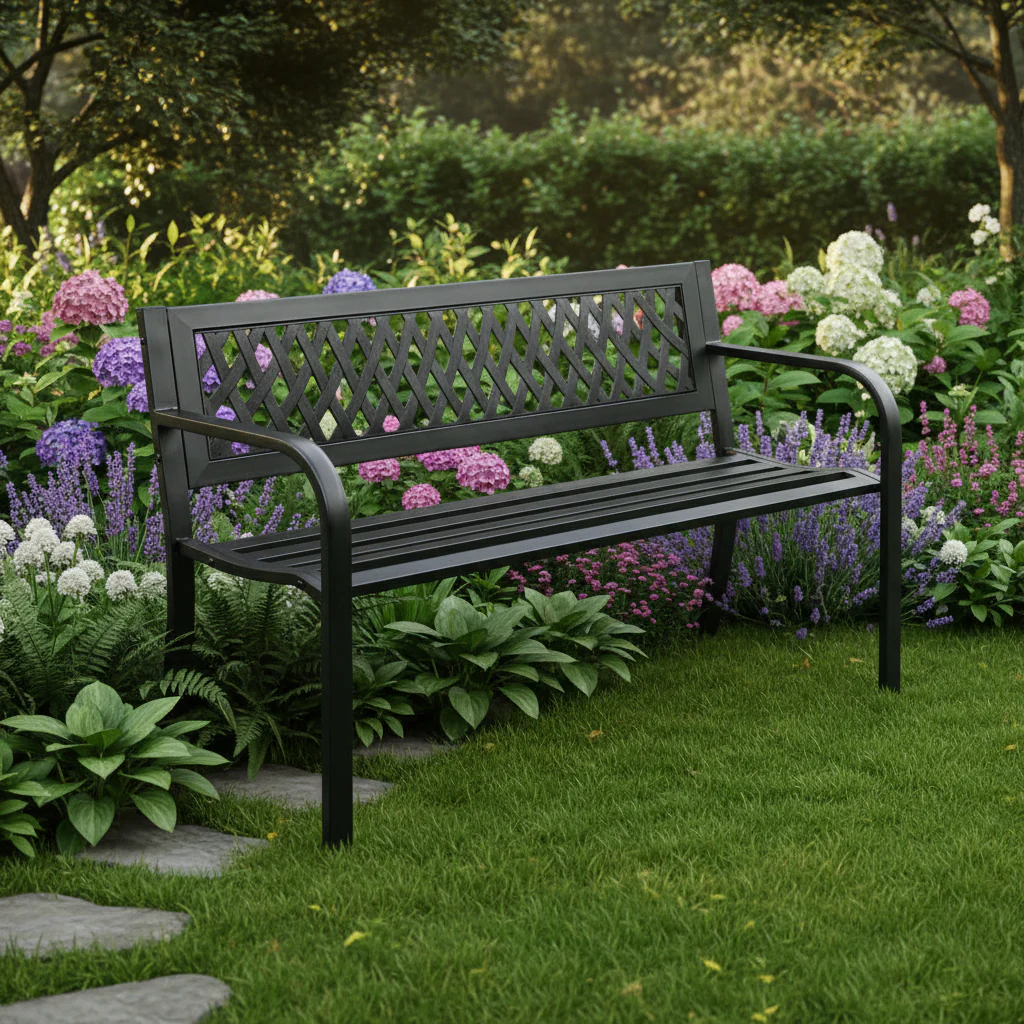 Patio Garden Metal Bench with Backrest – Weather-Resistant Steel Seating | AMGB01