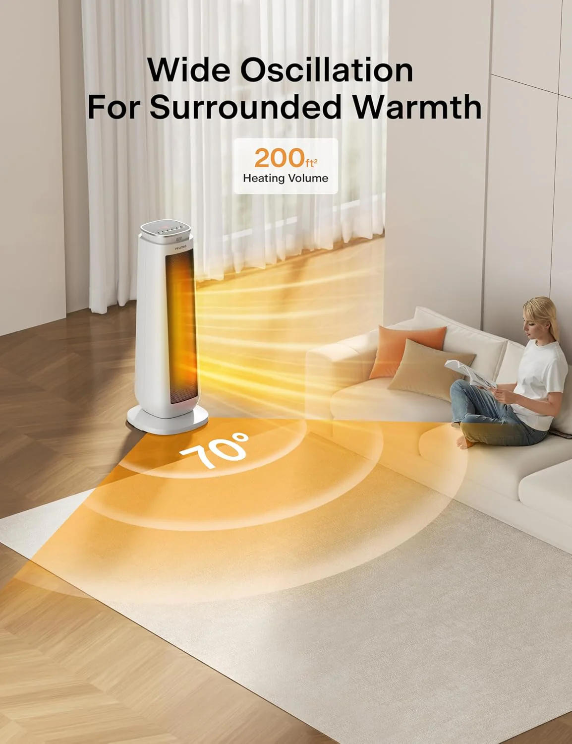 PELONIS 23” Oscillating Ceramic Tower Space Heater with Remote & Thermostat, Electric Energy Efficient Floor Heater for Indoor Use Large Room Safe with Timer, ECO Mode, 1500W, White - Image 3