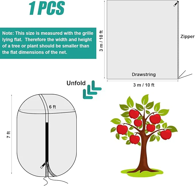 PEUTIER 10 ft x 10 ft Fruit Tree Netting Bag – Garden Bird Net Cover with Zipper and Drawstring - Image 4