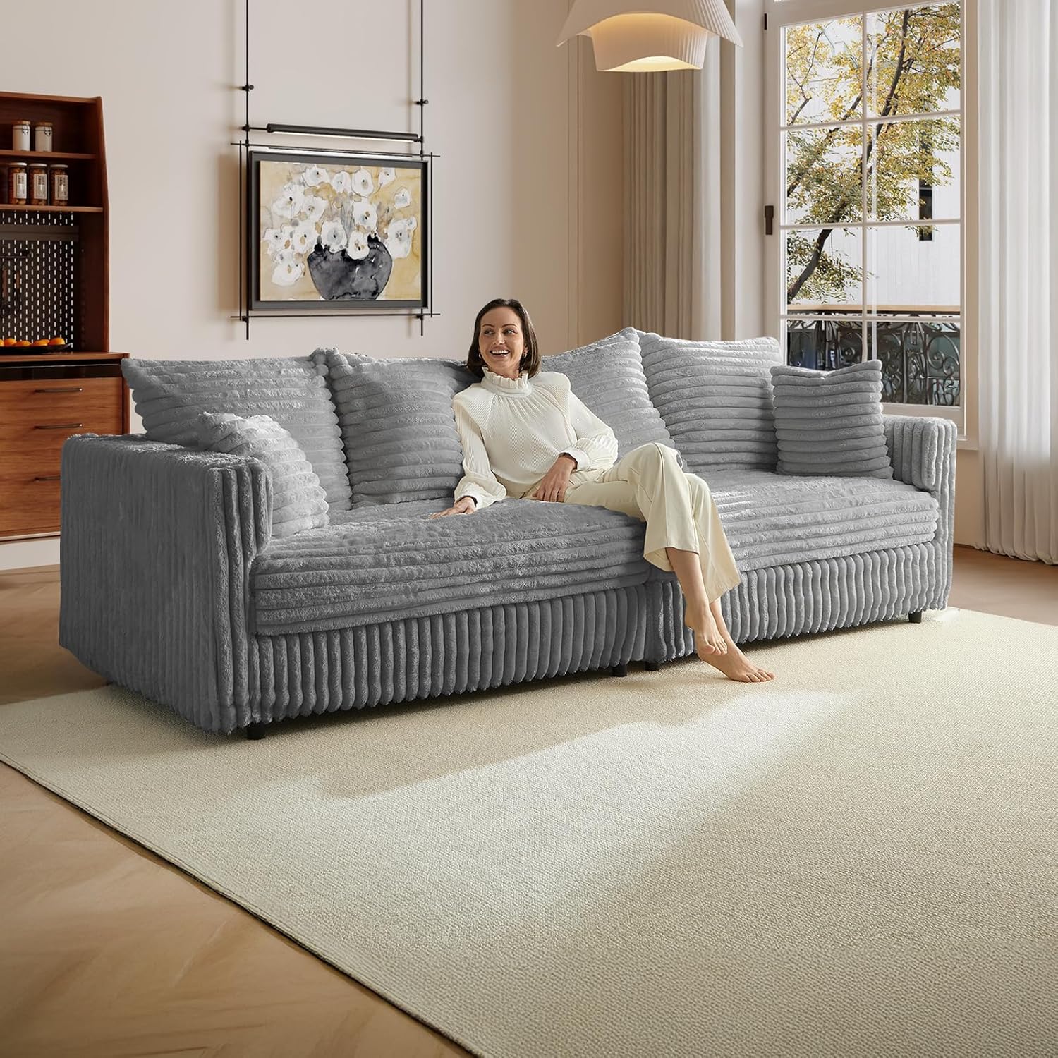 Plush Cloud Sectional Sofa – Oversized 8.6 FT Corduroy Couch with 6 Pillows