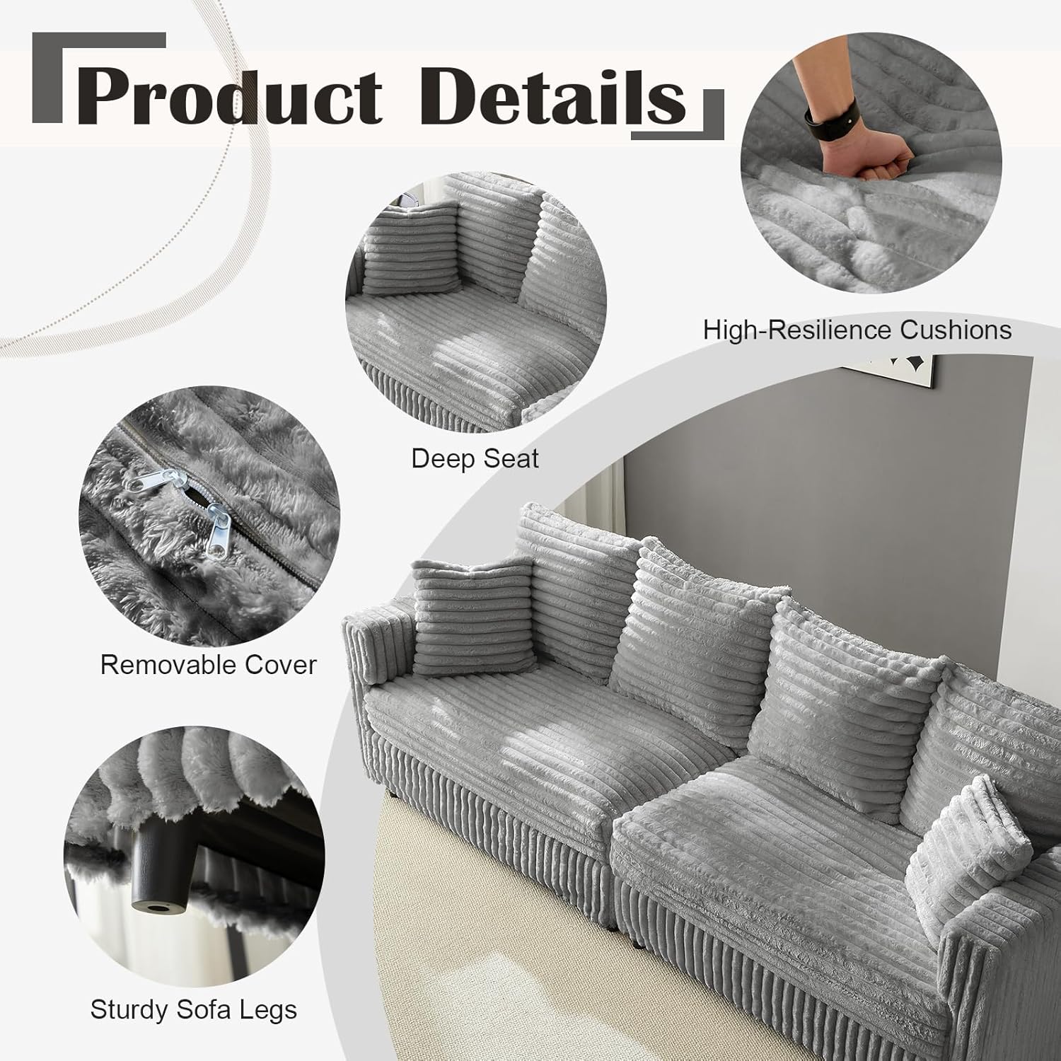 Plush Cloud Sectional Sofa – Oversized 8.6 FT Corduroy Couch with 6 Pillows - Image 4