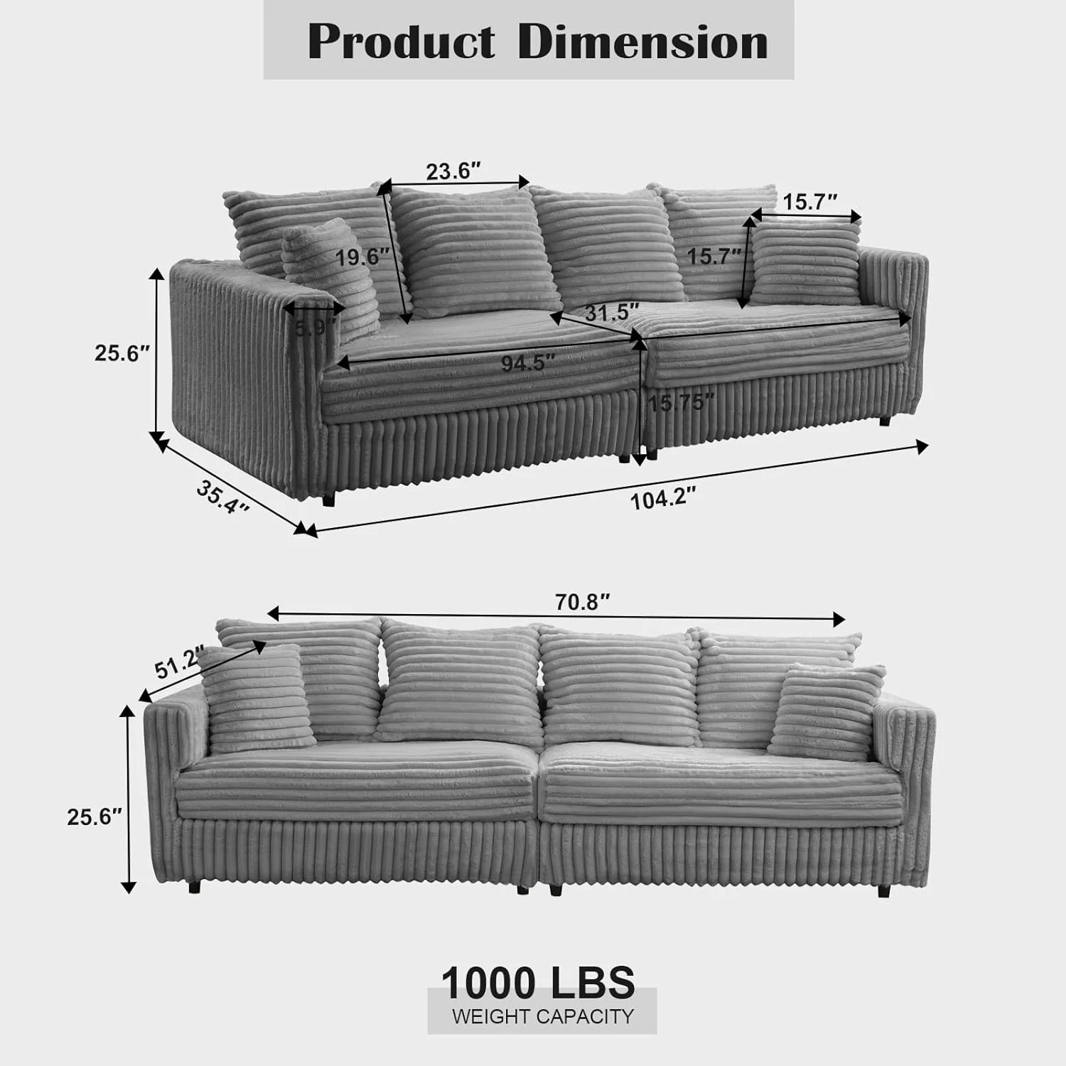 Plush Cloud Sectional Sofa – Oversized 8.6 FT Corduroy Couch with 6 Pillows - Image 7