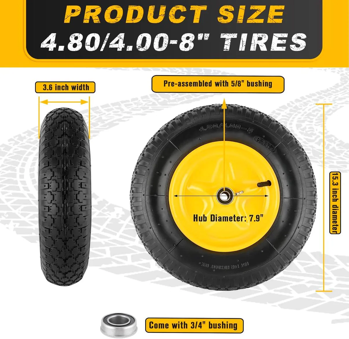 Pneumatic Tire & Wheel Assembly 2-Pack Replacement Wheels 2.80/2.50-4, 13x4.00-6 & 4.80/4.00-8 for Hand Trucks, Wheelbarrows, Carts, Dollies & Garden Trailers - Image 10