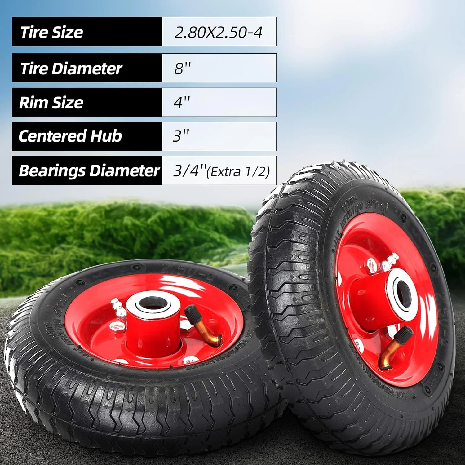 Pneumatic Tire & Wheel Assembly 2-Pack Replacement Wheels 2.80/2.50-4, 13x4.00-6 & 4.80/4.00-8 for Hand Trucks, Wheelbarrows, Carts, Dollies & Garden Trailers - Image 4