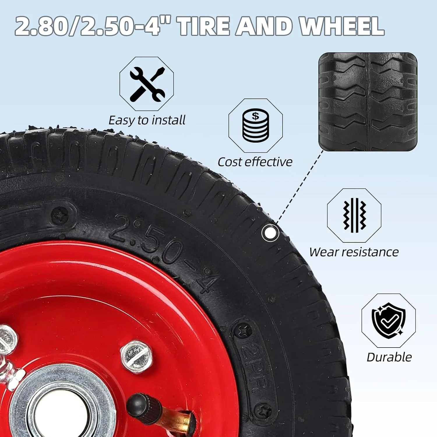 Pneumatic Tire & Wheel Assembly 2-Pack Replacement Wheels 2.80/2.50-4, 13x4.00-6 & 4.80/4.00-8 for Hand Trucks, Wheelbarrows, Carts, Dollies & Garden Trailers - Image 5