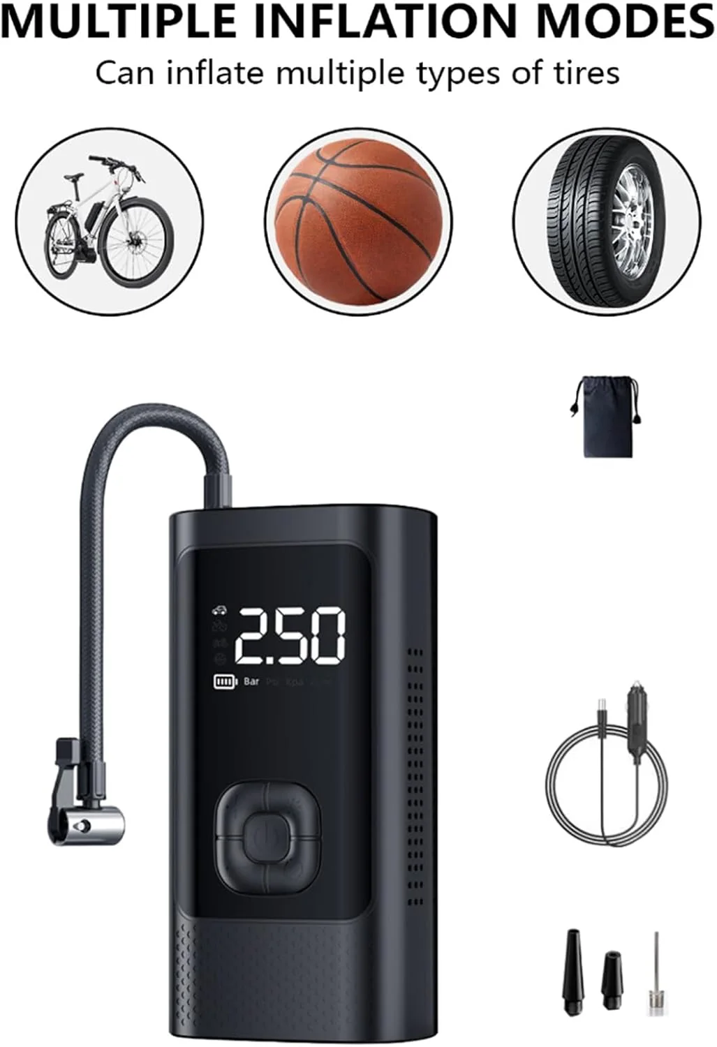 Portable Tire Inflator Air Compressor – Wired & Wireless Fast Inflation Pump for Car, Motorcycle & Bicycle with Digital Pressure Display & LED Light RSDCZX11A