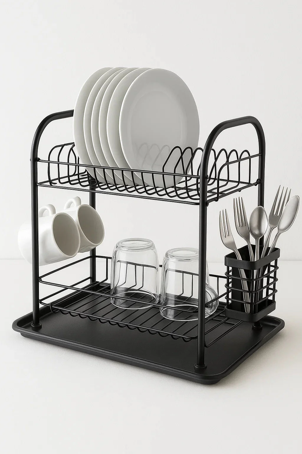 2-Tier Metal Dish Drying Rack with Drain Board – Dual Layer Dish & Mug Organizer | Space-Saving Kitchen Counter Rack 817MDR