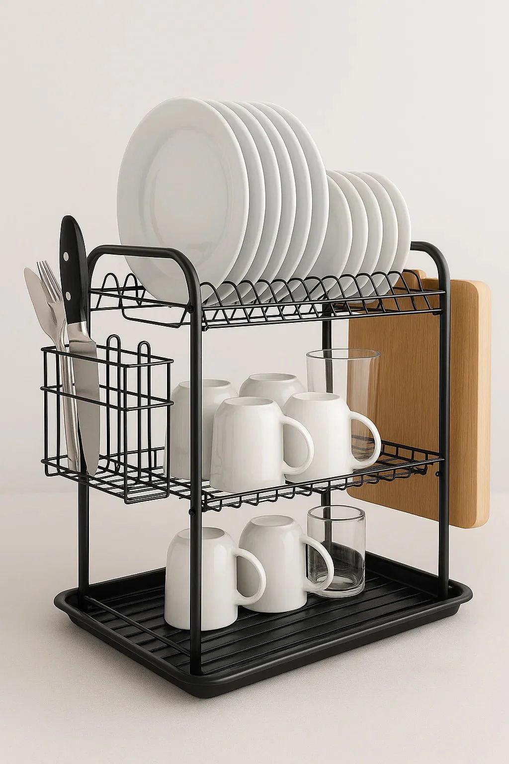 2-Tier Metal Dish Drying Rack with Drain Board – Dual Layer Dish & Mug Organizer | Space-Saving Kitchen Counter Rack 817MDR - Image 2