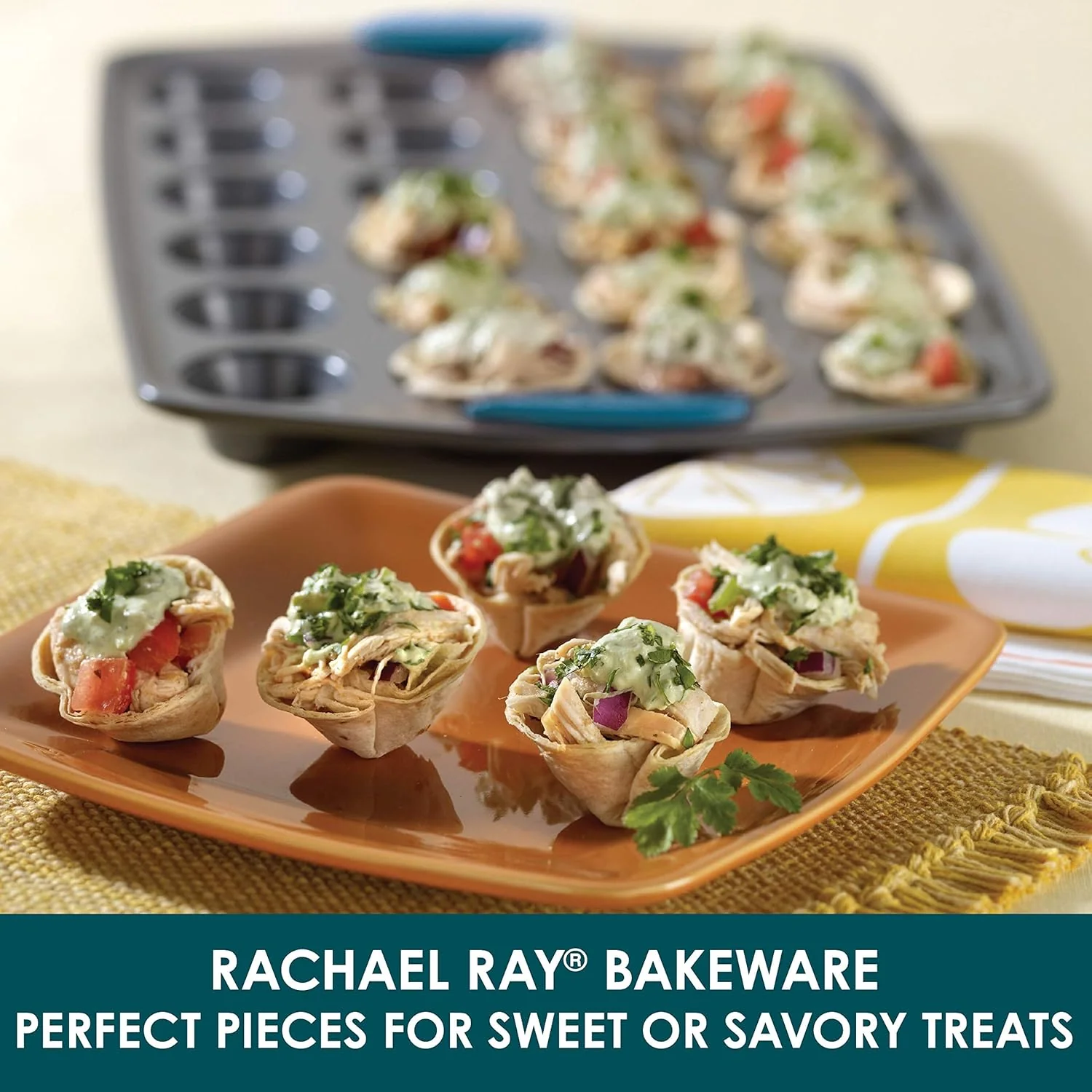 Rachael Ray Yum-o! Nonstick Mini Muffin & Cupcake Tin - 24 Cup, Gray with Marine Blue Grips - Image 2