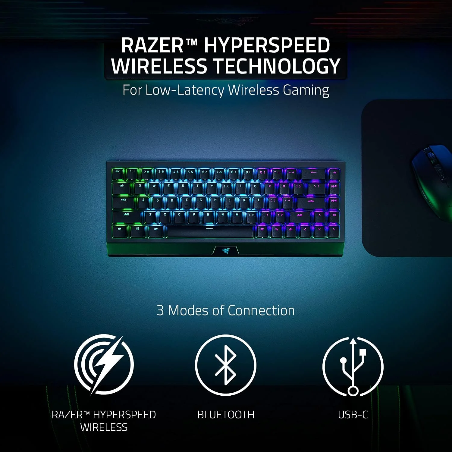 Razer BlackWidow V3 Mini HyperSpeed 65% Wireless Mechanical Gaming Keyboard: Yellow Mechanical Switches Linear & Silent - Phantom Pudding Keycaps - Chroma RGB - Up to 200 Hr Battery - Snap Tap - Image 3