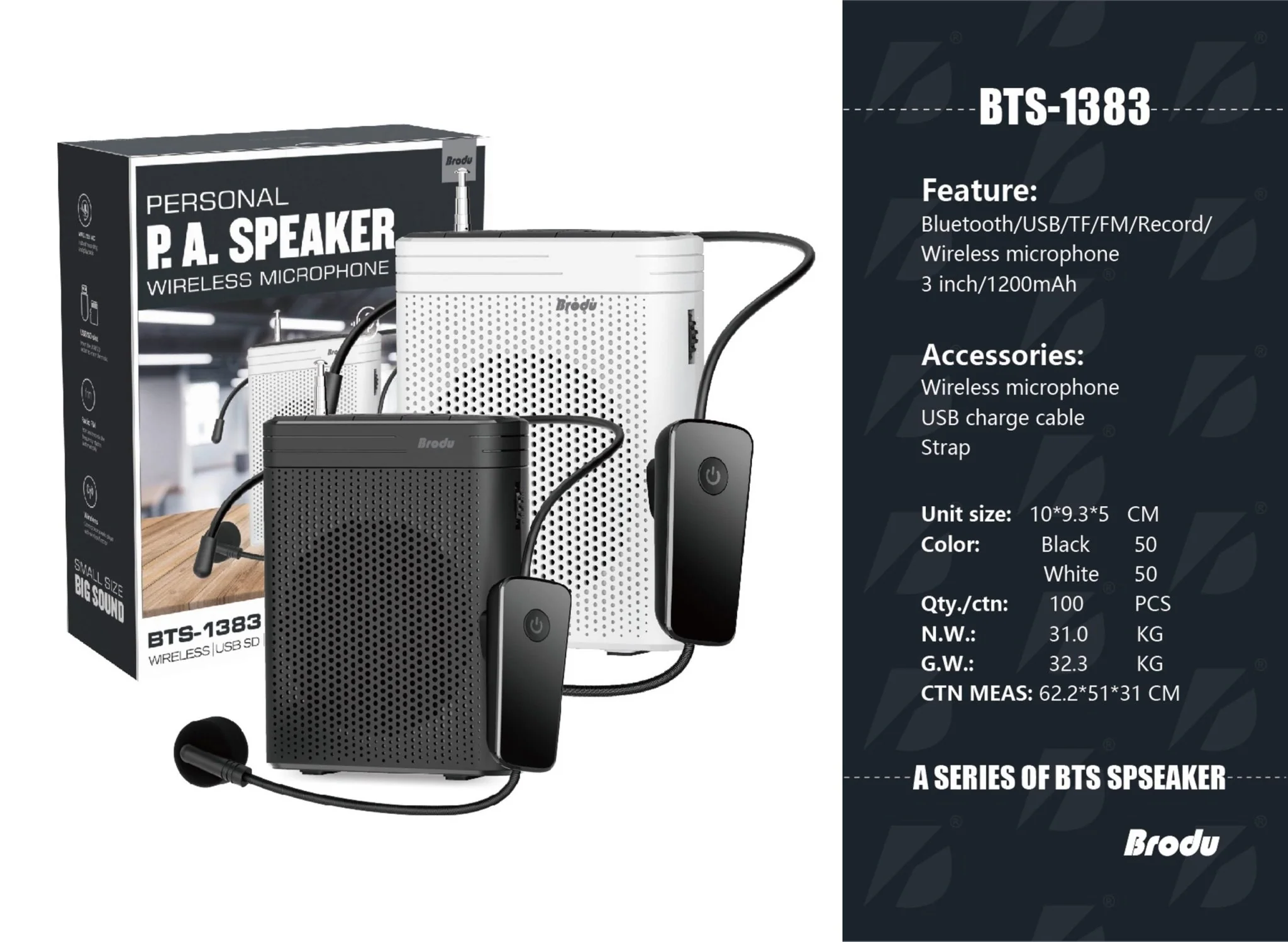 Rechargeable Bluetooth Wireless PA Speaker with Mic & Belt Clip | USB/TF/FM Playback – BTS1383 - Image 3