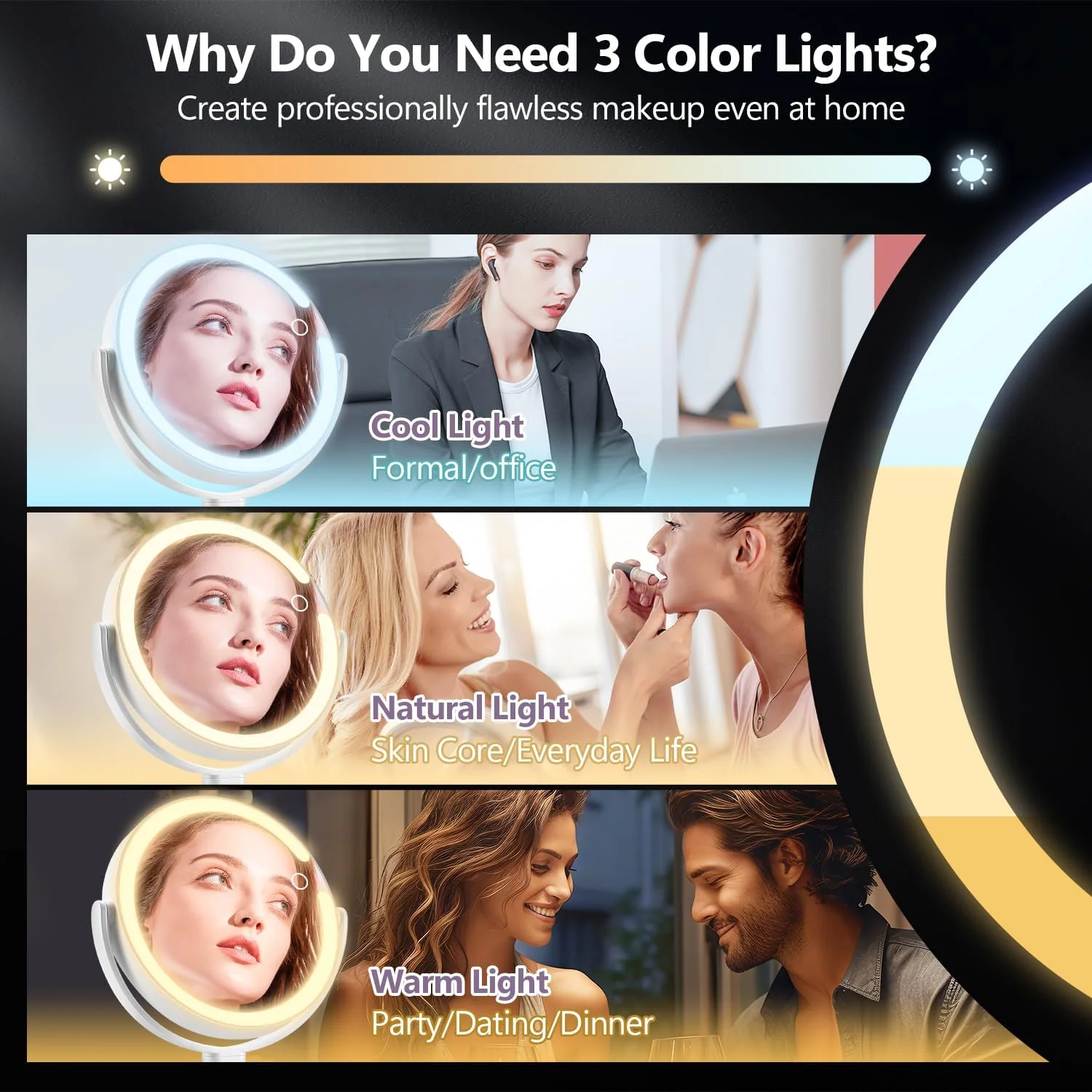 Rechargeable Lighted Makeup Mirror – 1X/10X Dual-Sided Vanity Mirror with 3-Color LED Lighting JXVM118 - Image 4