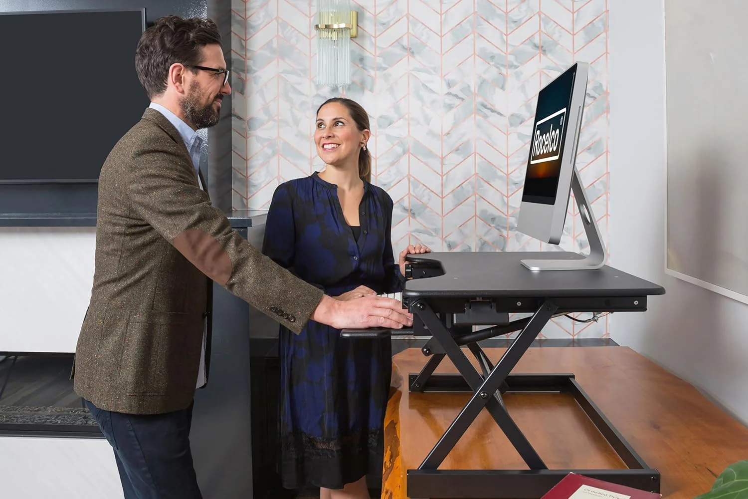 Rocelco 40" Height Adjustable Standing Desk Converter with AC Outlet and USB Charger - Gas Spring Sit Stand Up Dual Monitor Tabletop Riser Workstation - Large Keyboard Tray - Black (R DADRB-40-ACUSB) - Image 2