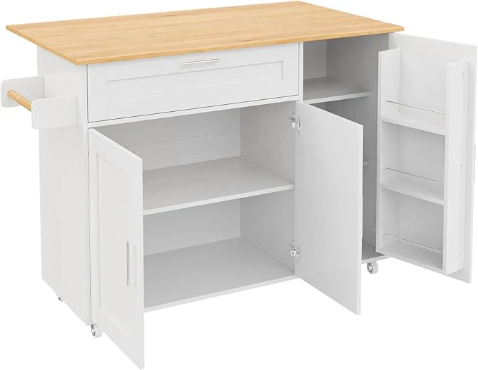 Rolling Kitchen Island Cart with Folding Worktop, Storage Cabinet, Drawer & Spice Rack on Wheels KI006W