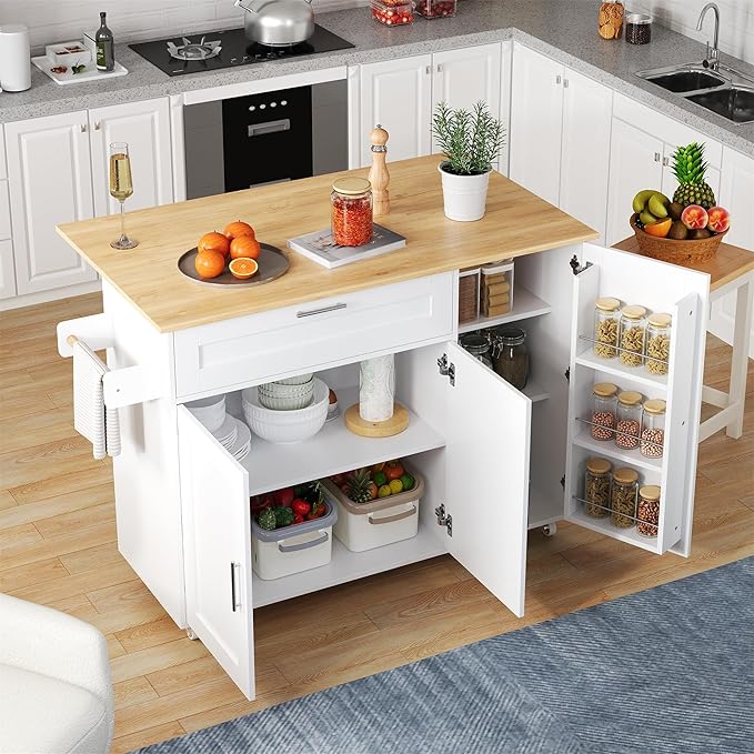 Rolling Kitchen Island Cart with Folding Worktop, Storage Cabinet, Drawer & Spice Rack on Wheels KI006W - Image 2