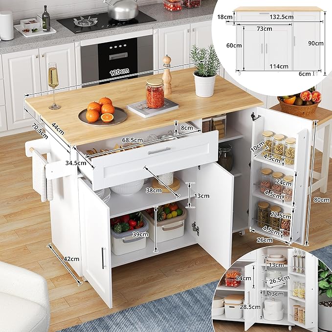 Rolling Kitchen Island Cart with Folding Worktop, Storage Cabinet, Drawer & Spice Rack on Wheels KI006W - Image 3
