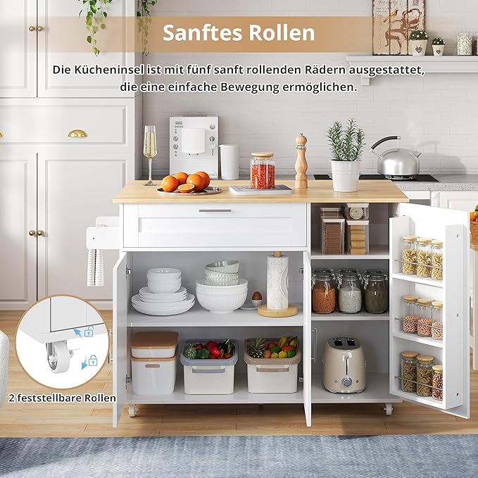 Rolling Kitchen Island Cart with Folding Worktop, Storage Cabinet, Drawer & Spice Rack on Wheels KI006W - Image 4