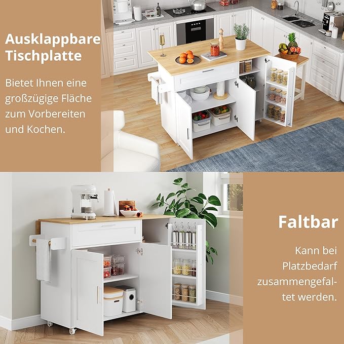 Rolling Kitchen Island Cart with Folding Worktop, Storage Cabinet, Drawer & Spice Rack on Wheels KI006W - Image 5