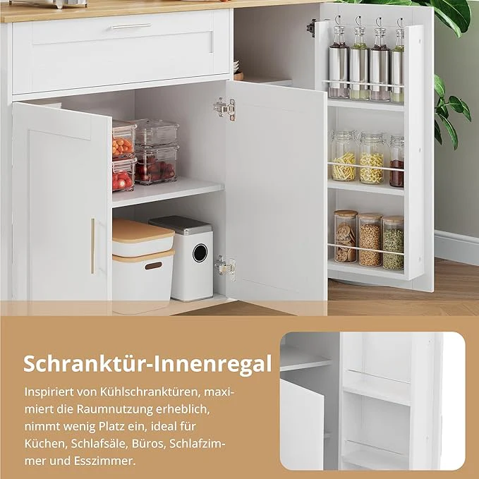 Rolling Kitchen Island Cart with Folding Worktop, Storage Cabinet, Drawer & Spice Rack on Wheels KI006W - Image 6