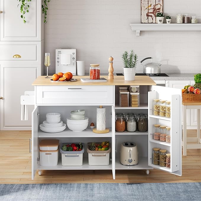 Rolling Kitchen Island Cart with Folding Worktop, Storage Cabinet, Drawer & Spice Rack on Wheels KI006W - Image 7