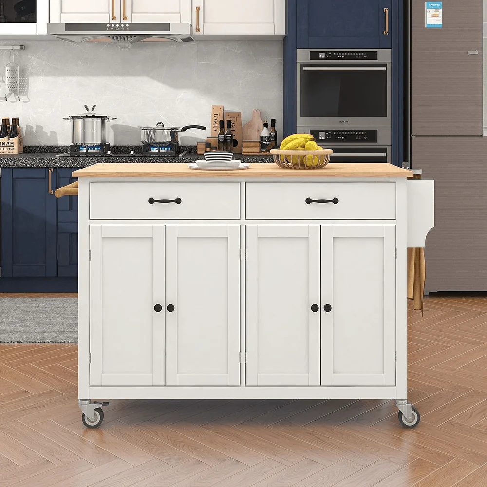 Rolling Kitchen Island Cart with Wood Top, Cabinets, Drawers & Locking Wheels – White Mobile Coffee Bar Trolley CB037W