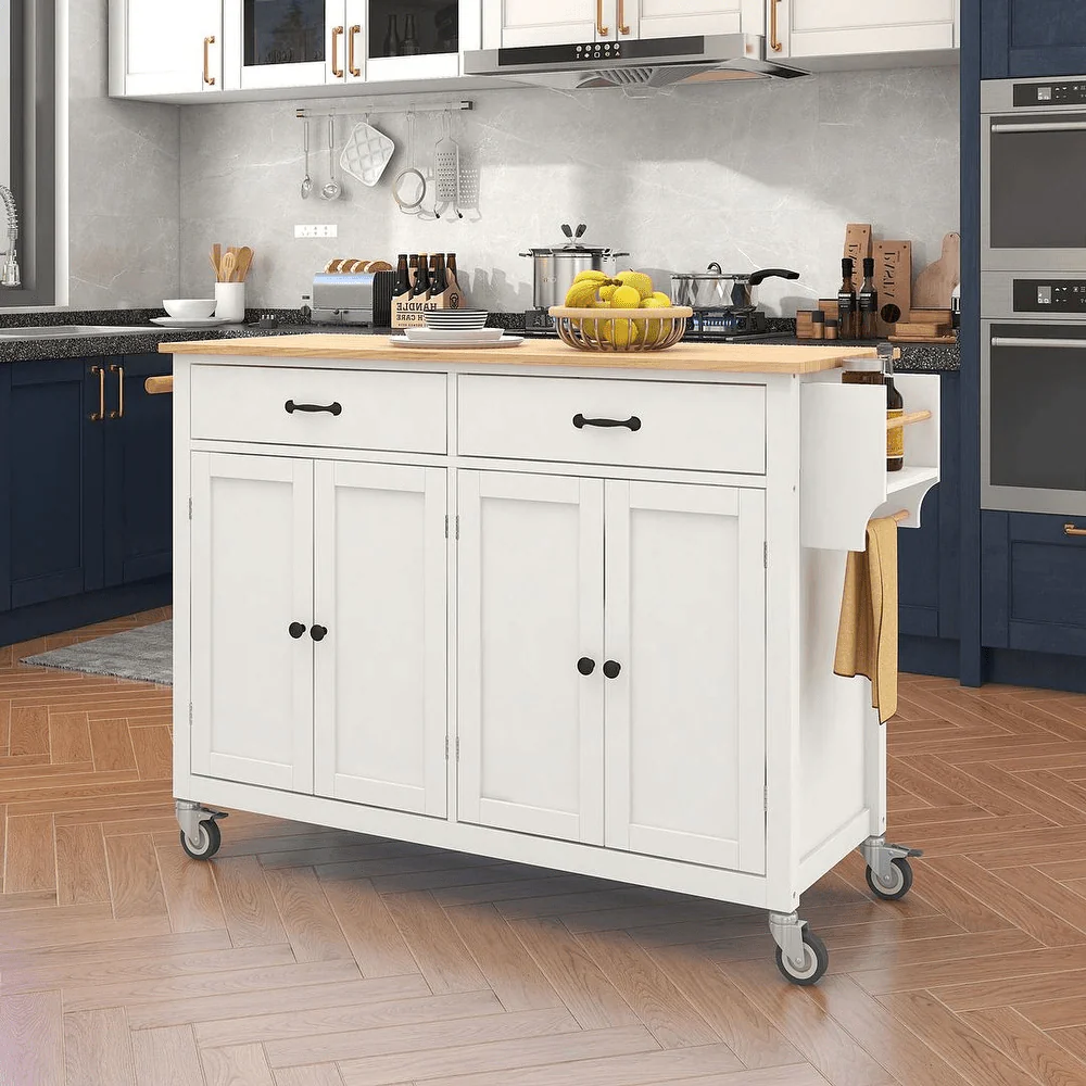 Rolling Kitchen Island Cart with Wood Top, Cabinets, Drawers & Locking Wheels – White Mobile Coffee Bar Trolley CB037W - Image 2