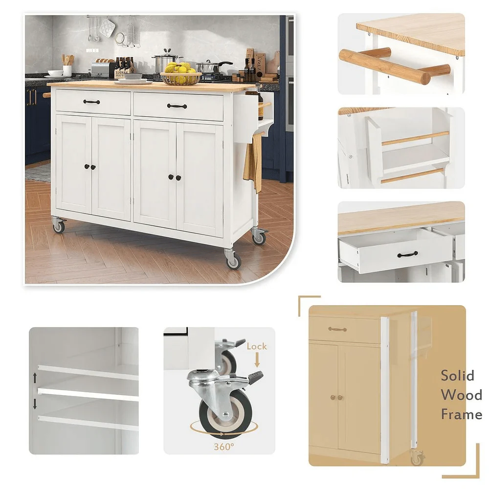 Rolling Kitchen Island Cart with Wood Top, Cabinets, Drawers & Locking Wheels – White Mobile Coffee Bar Trolley CB037W - Image 3
