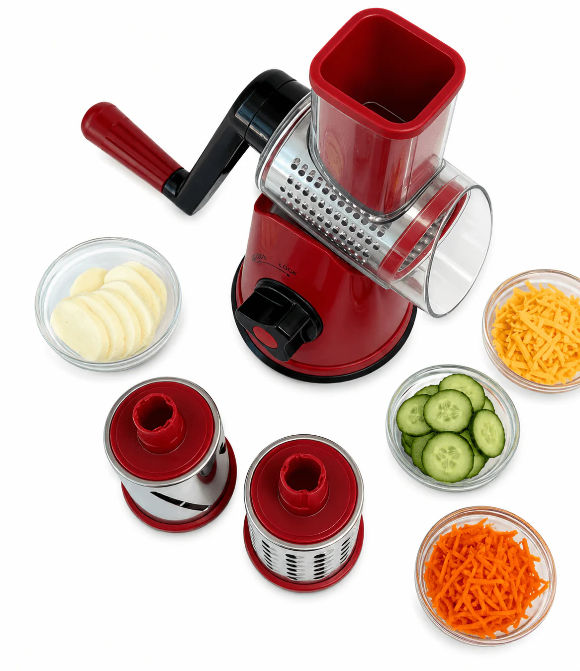 Rotary Cheese Grater & Vegetable Slicer 3-Blade Drum Shredder with Suction Base RD886