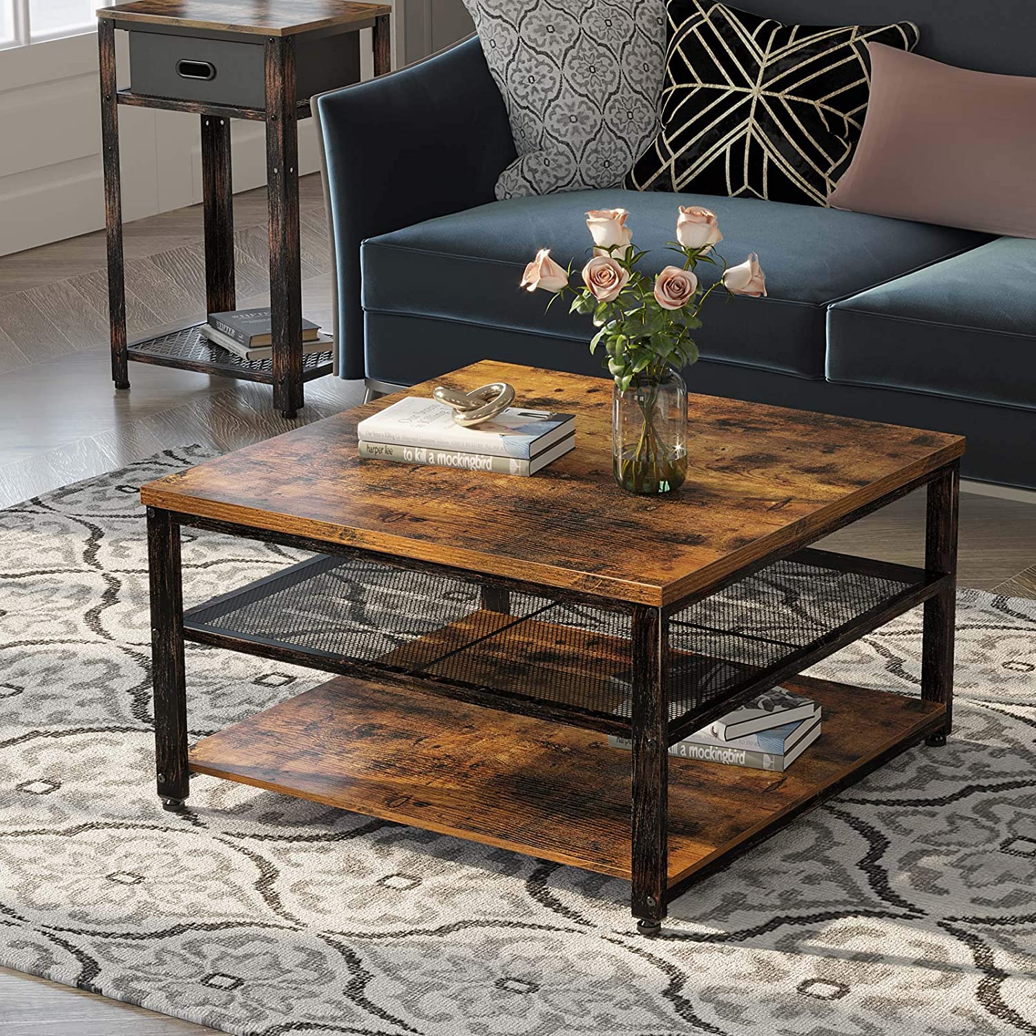 Rustic 3-Tier Square Coffee Table | Farmhouse Wood Finish with Open Shelf Storage – Model S3079