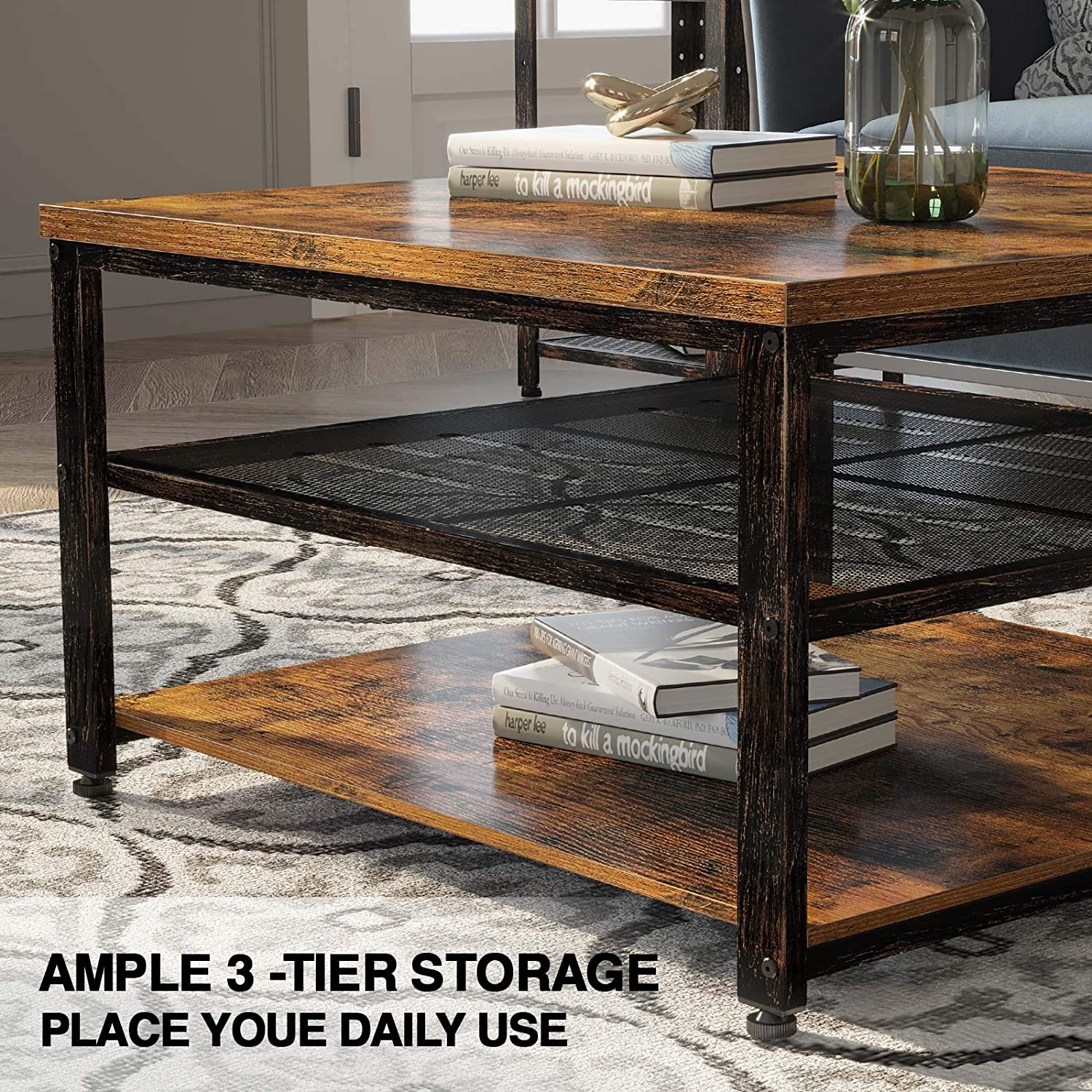 Rustic 3-Tier Square Coffee Table | Farmhouse Wood Finish with Open Shelf Storage – Model S3079 - Image 3