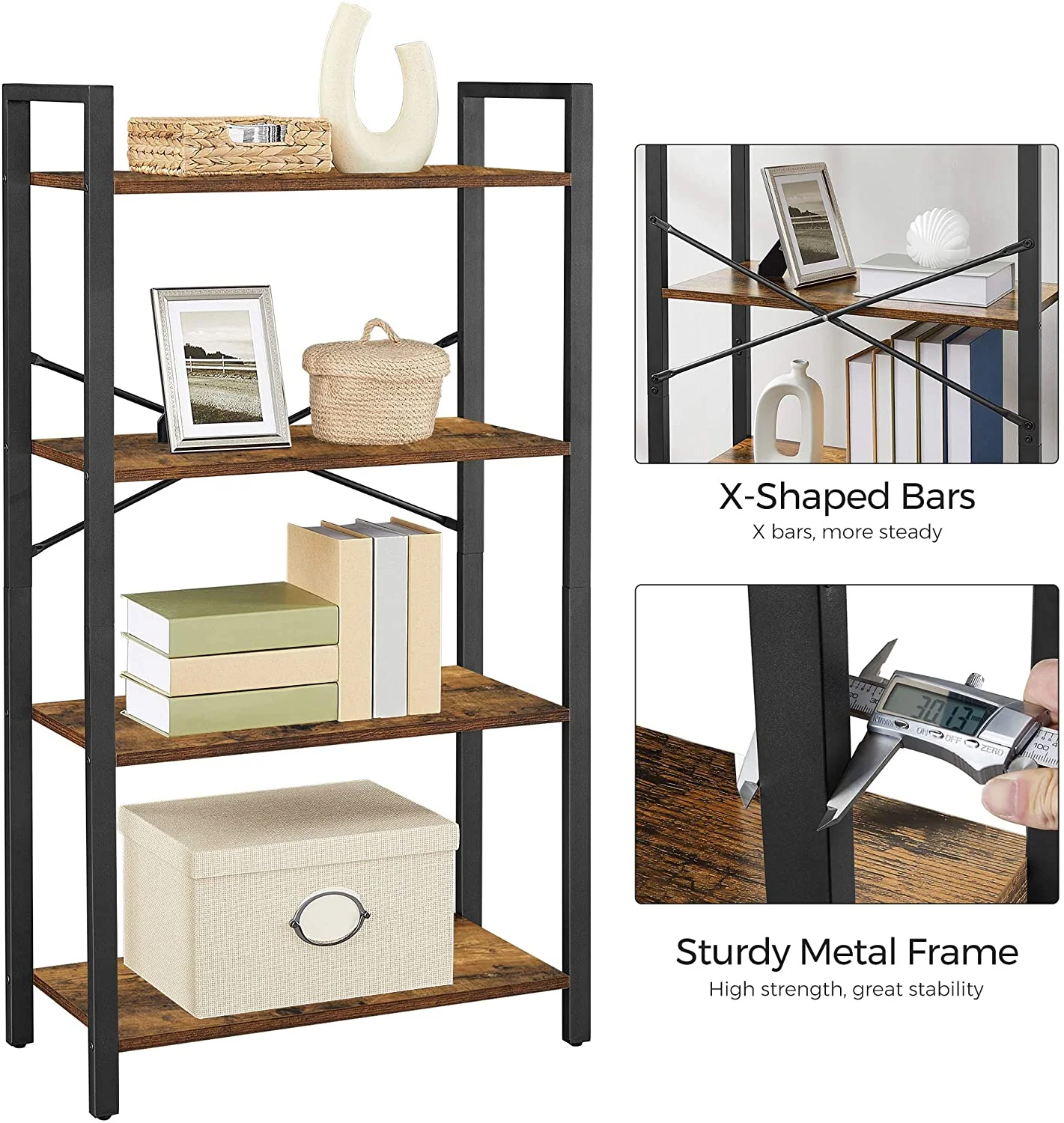Rustic 4-Tier Bookshelf with Steel Frame | Industrial Storage Rack – Model LBS2102 - Image 3
