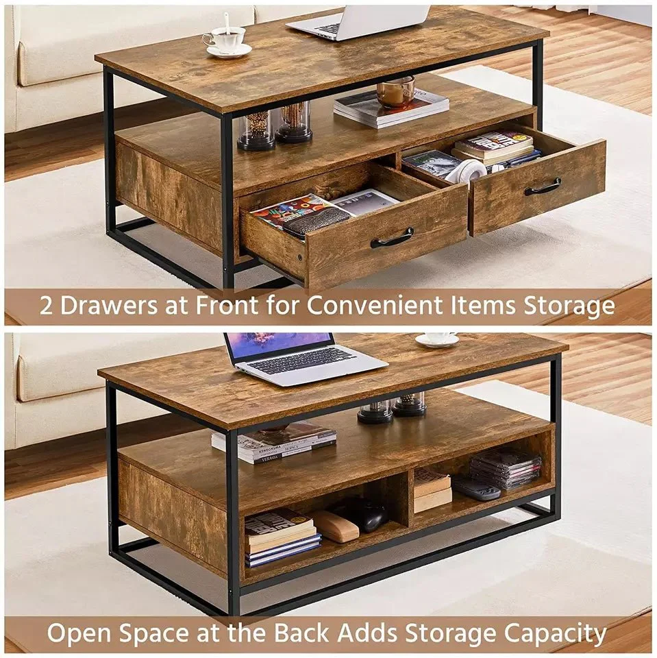 Rustic Coffee Table with 2 Drawers & Open Shelf – Solid Wood Farmhouse Style | Model S3113 - Image 3