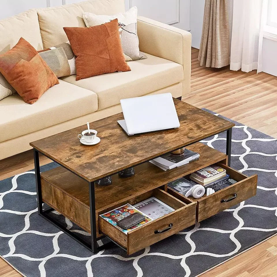 Rustic Coffee Table with 2 Drawers & Open Shelf – Solid Wood Farmhouse Style | Model S3113 - Image 4