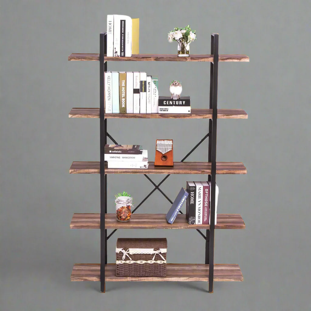Rustic 5-Tier Industrial Bookshelf | Metal & Wood Bookcase – Model RBSRW - Image 3