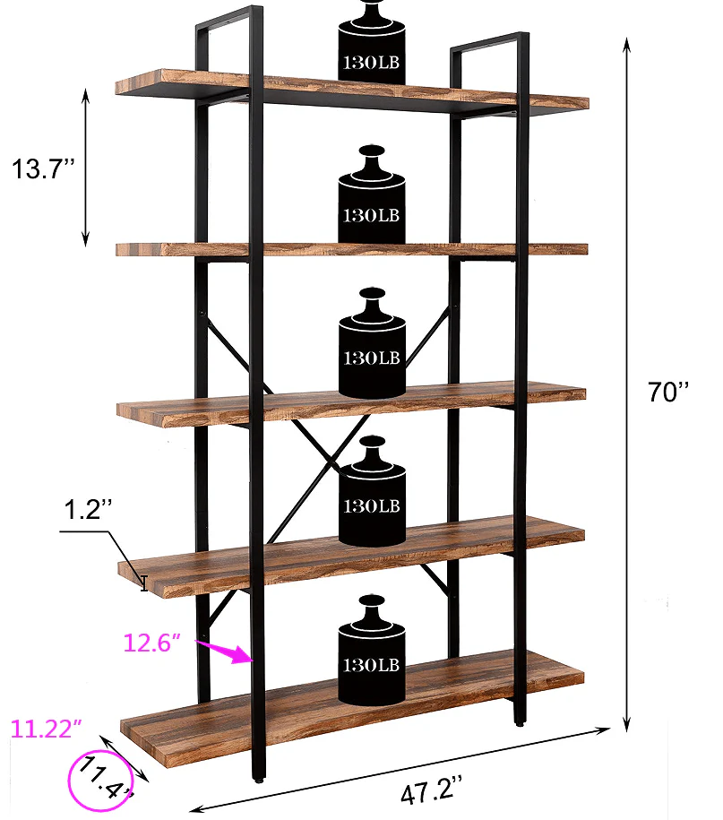 Rustic 5-Tier Industrial Bookshelf | Metal & Wood Bookcase – Model RBSRW - Image 5