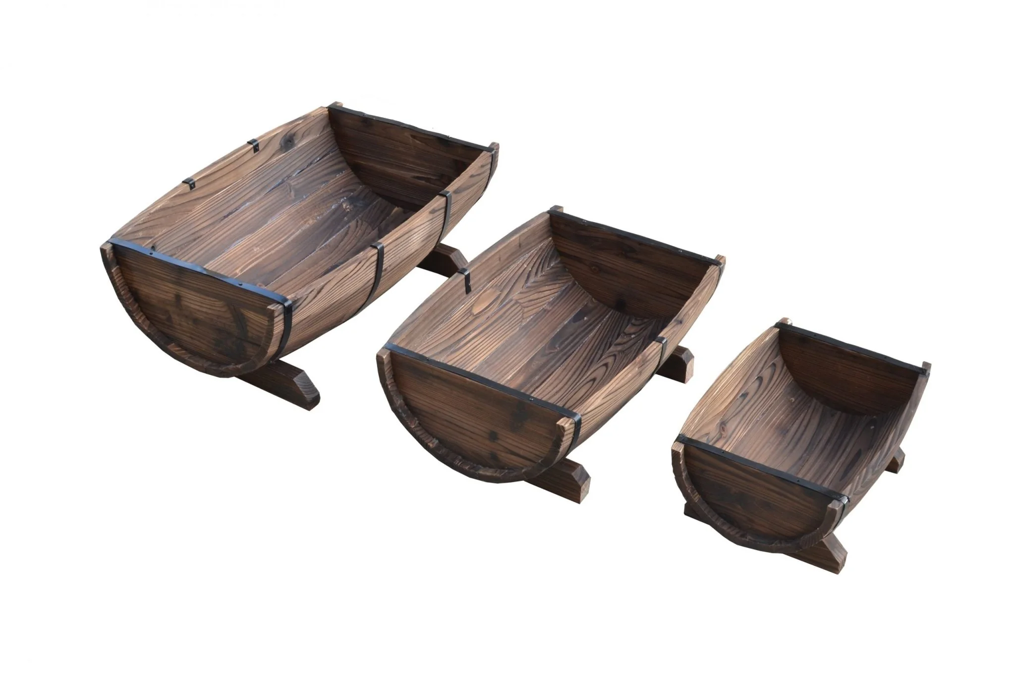 Rustic Half Barrel Wooden Planter Set – Burnt Finish Outdoor Garden Planters (3 Sizes) - Image 2