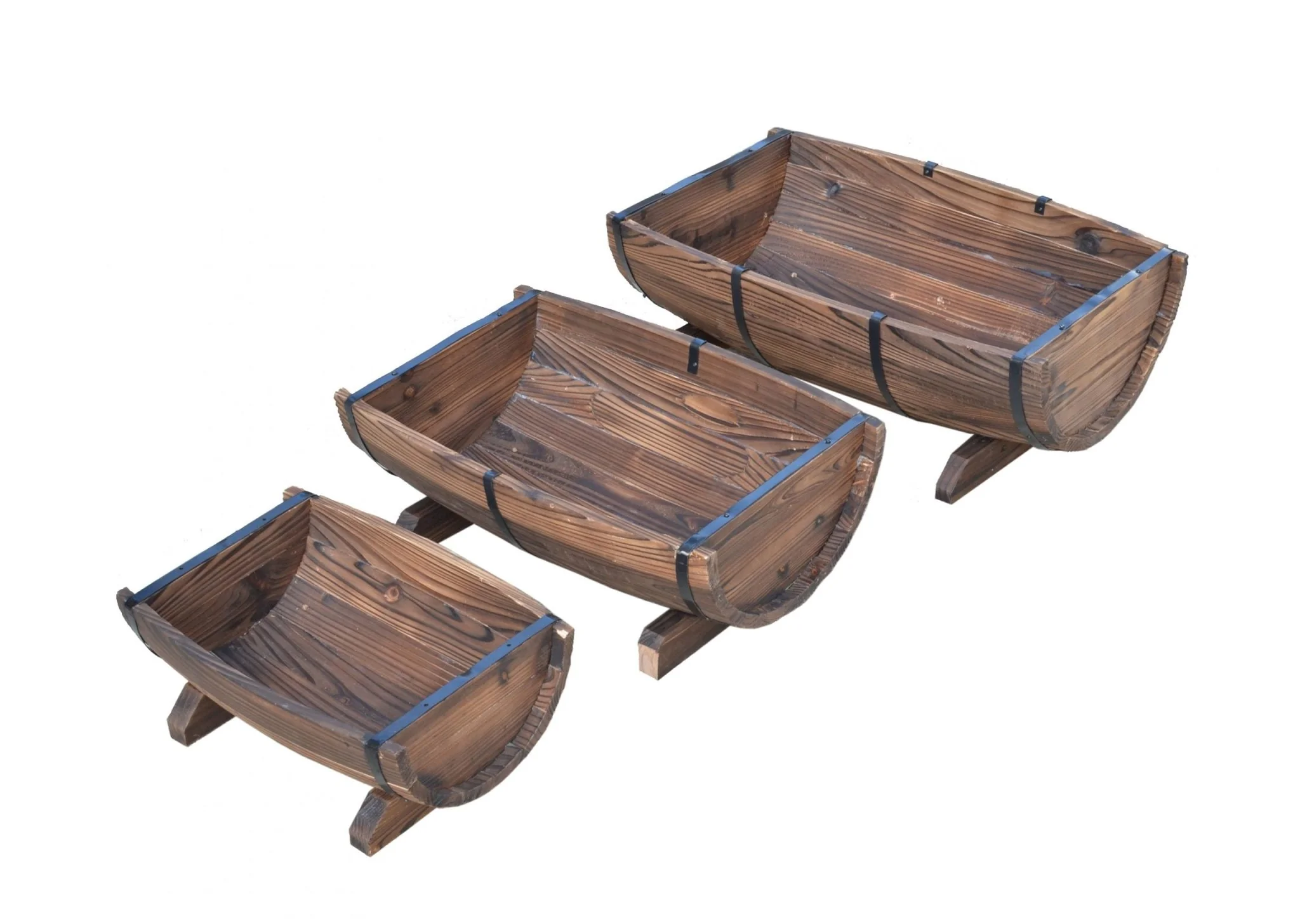 Rustic Half Barrel Wooden Planter Set – Burnt Finish Outdoor Garden Planters (3 Sizes) - Image 3