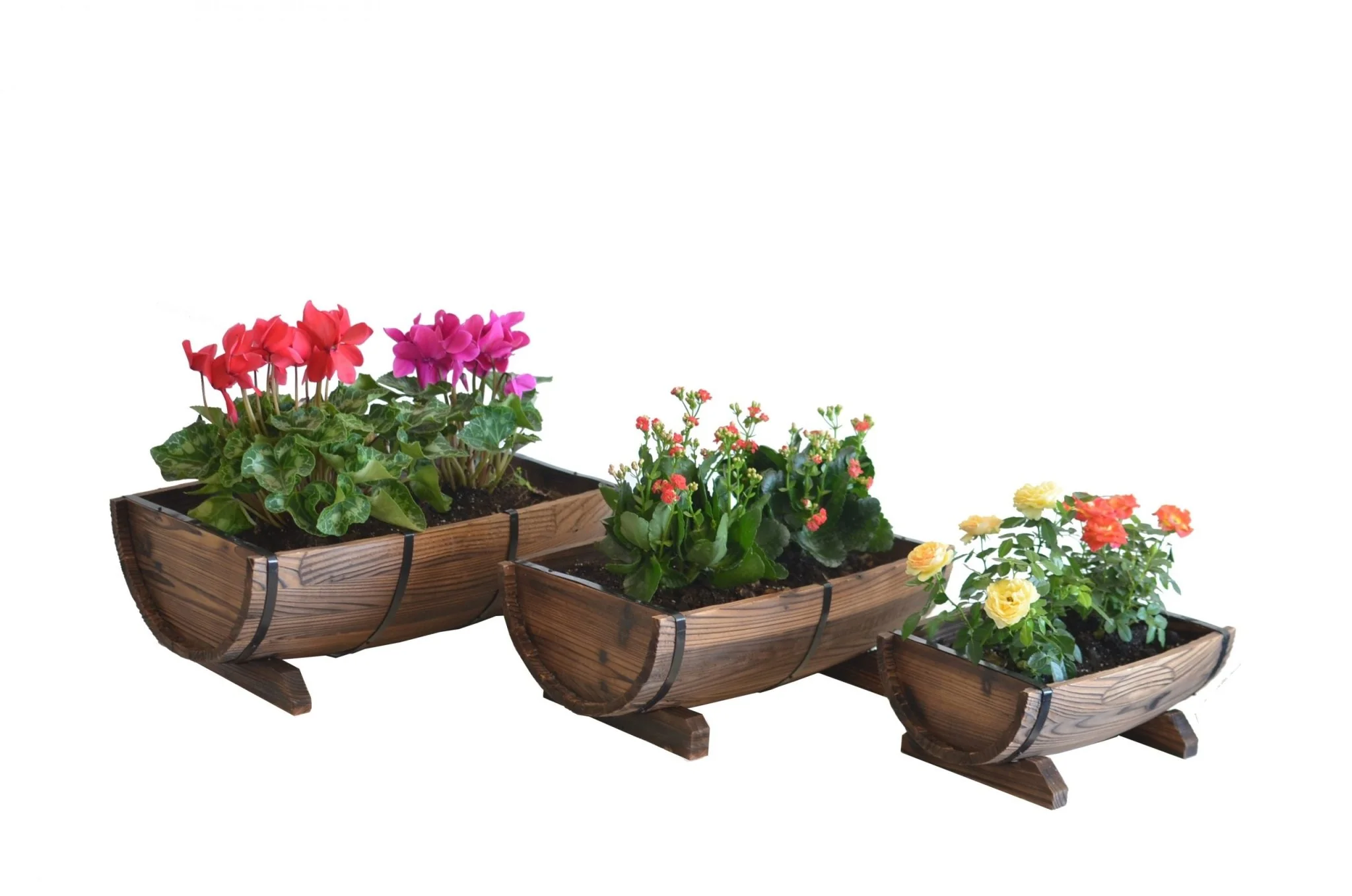 Rustic Half Barrel Wooden Planter Set – Burnt Finish Outdoor Garden Planters (3 Sizes) - Image 5