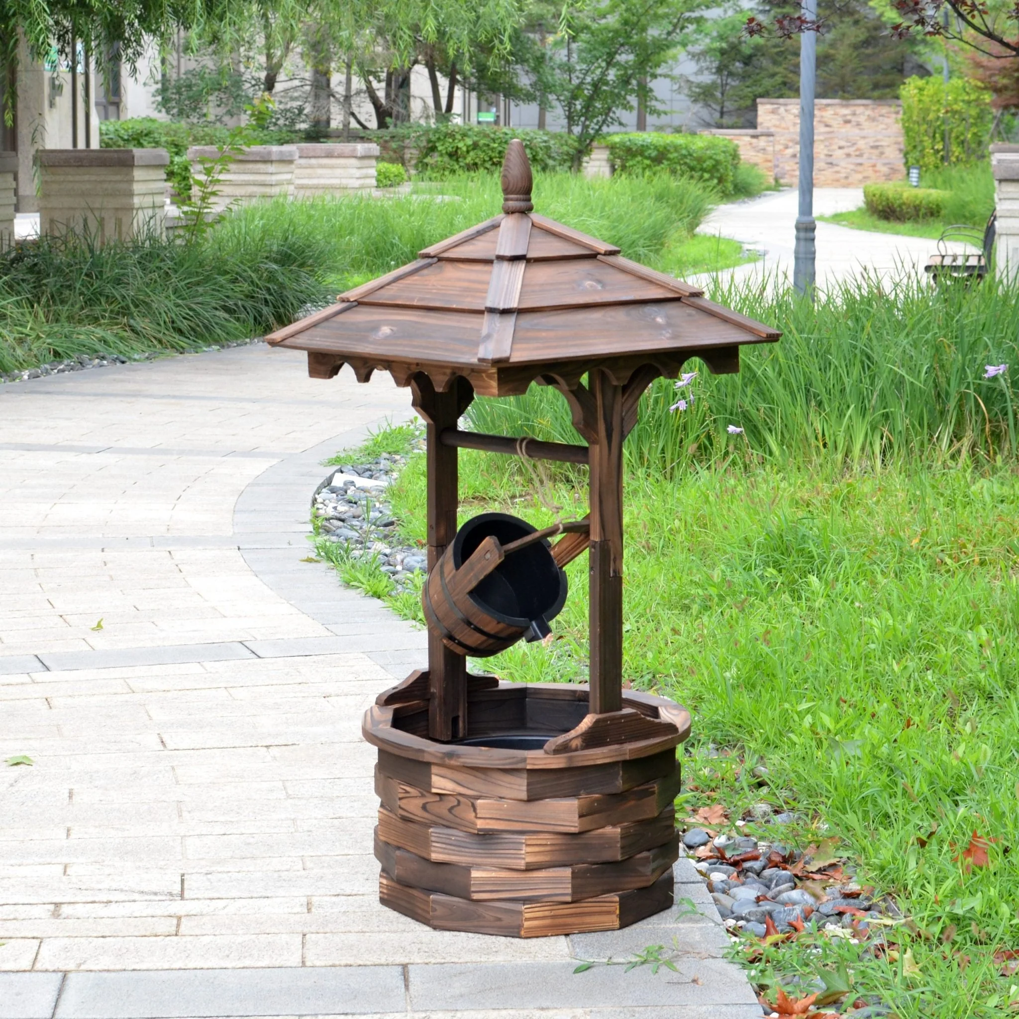 New Round Wooden Garden Water Fountain – Rustic Outdoor Patio Decor with Soothing Water Flow WWF52