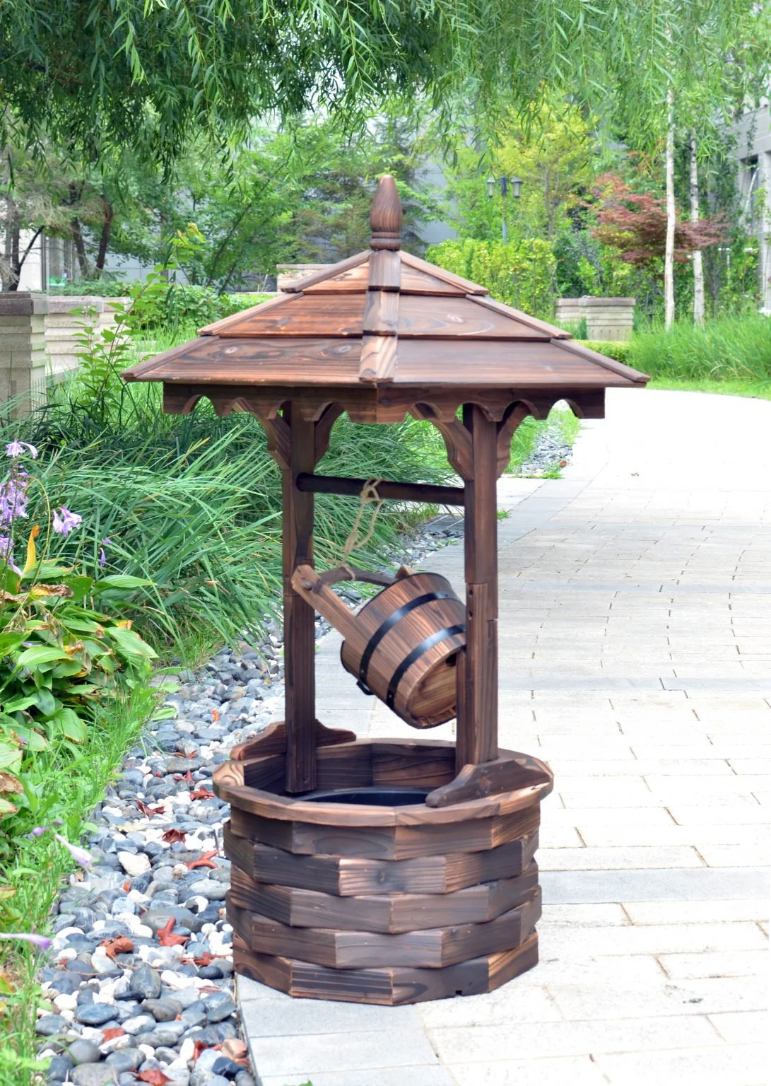 New Round Wooden Garden Water Fountain – Rustic Outdoor Patio Decor with Soothing Water Flow WWF52 - Image 3