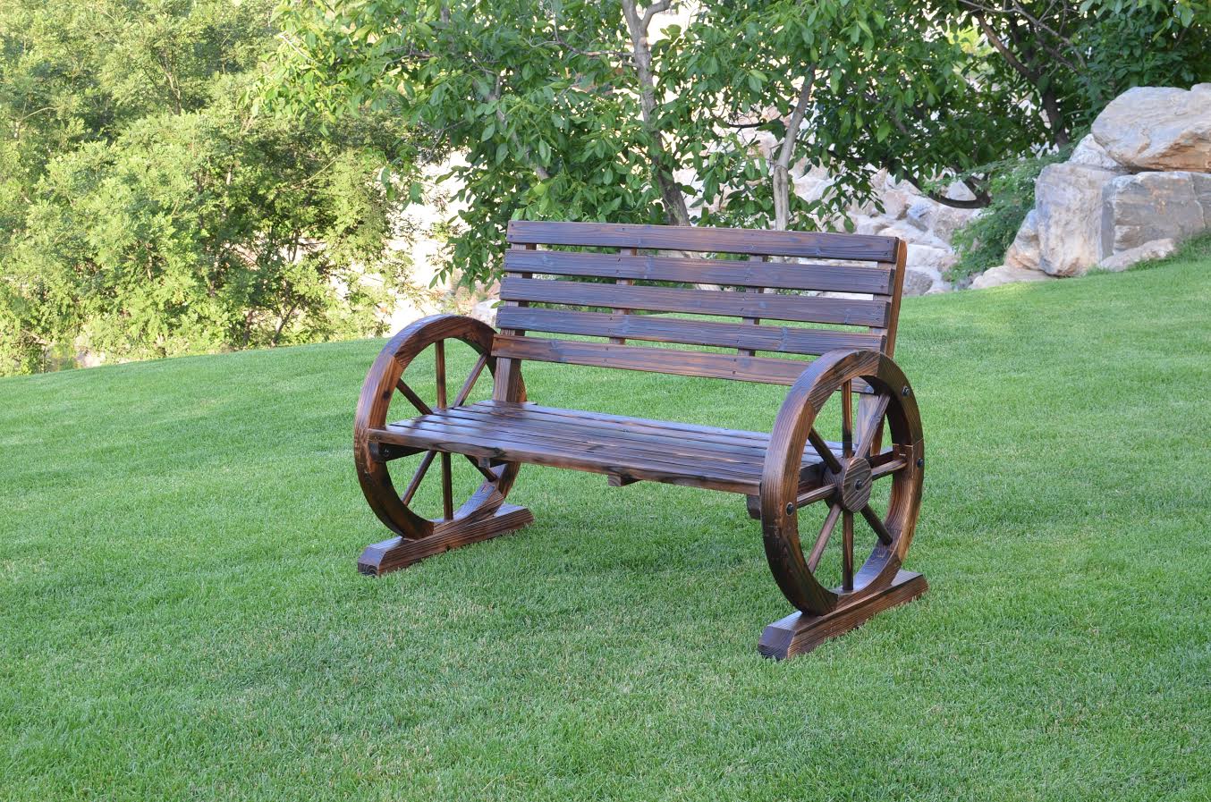 Rustic Wooden Wagon Wheel Garden Bench | Large Outdoor Patio Seat – WGB62
