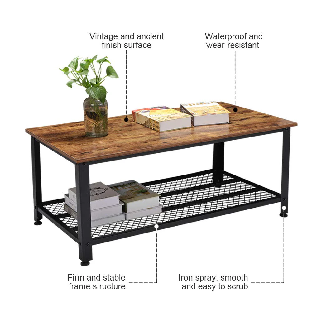 Rustic Wood Coffee Table with Storage Shelf – Metal Frame Vintage Design RWMFT - Image 2