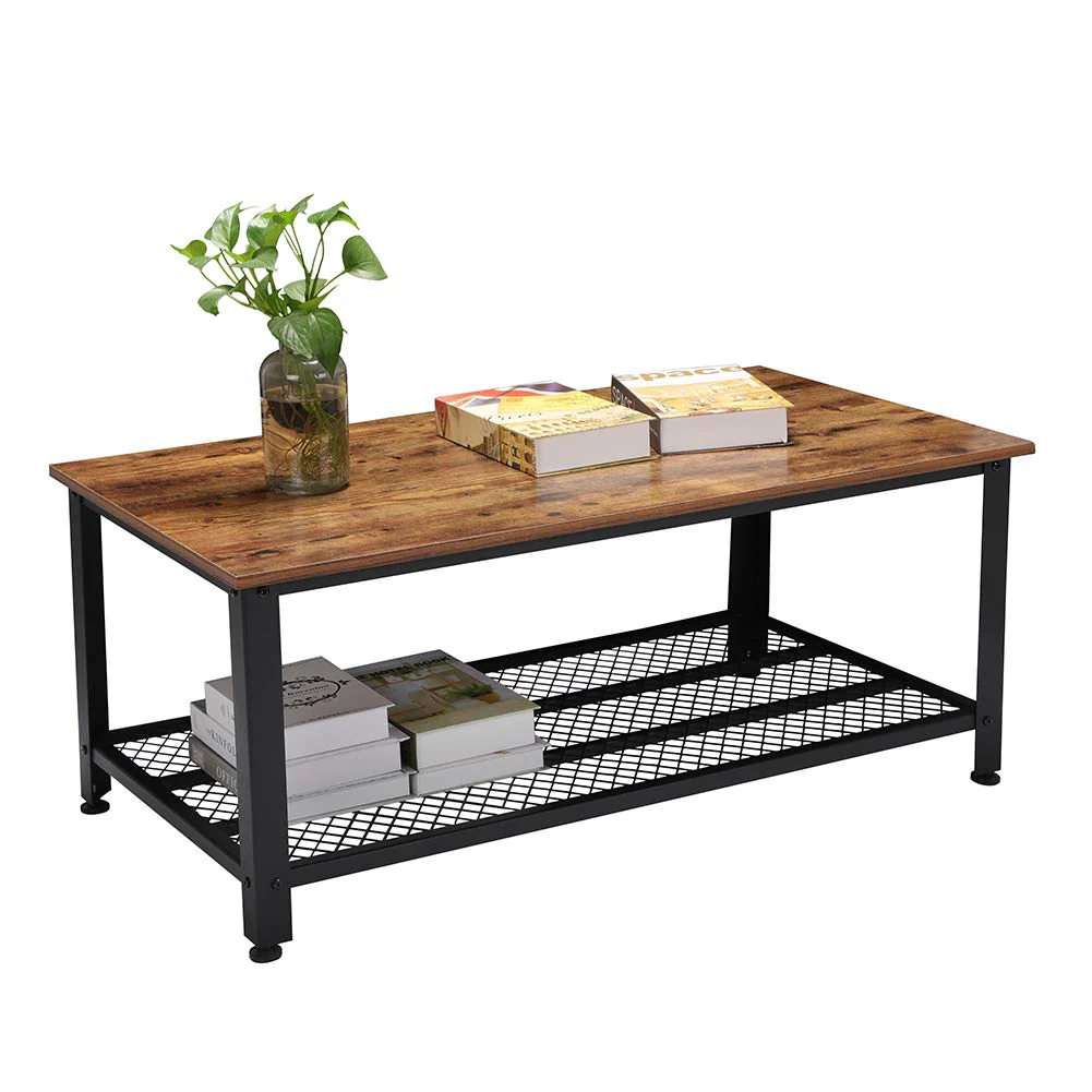 Rustic Wood Coffee Table with Storage Shelf – Metal Frame Vintage Design RWMFT - Image 3