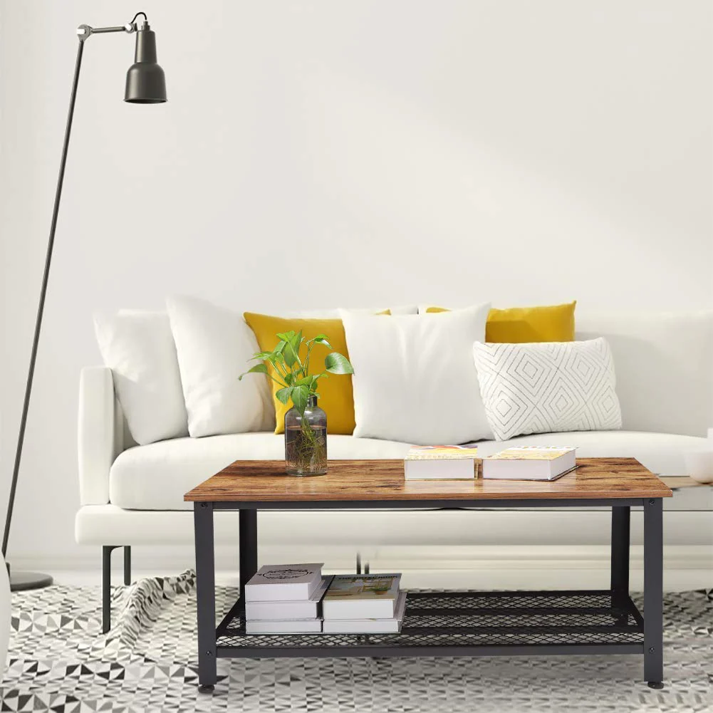 Rustic Wood Coffee Table with Storage Shelf – Metal Frame Vintage Design RWMFT - Image 5
