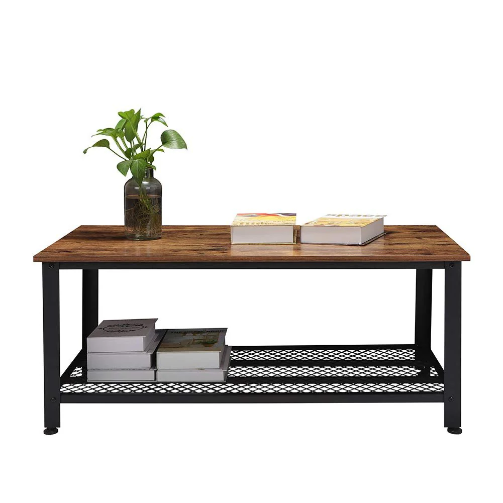 Rustic Wood Coffee Table with Storage Shelf – Metal Frame Vintage Design RWMFT - Image 6