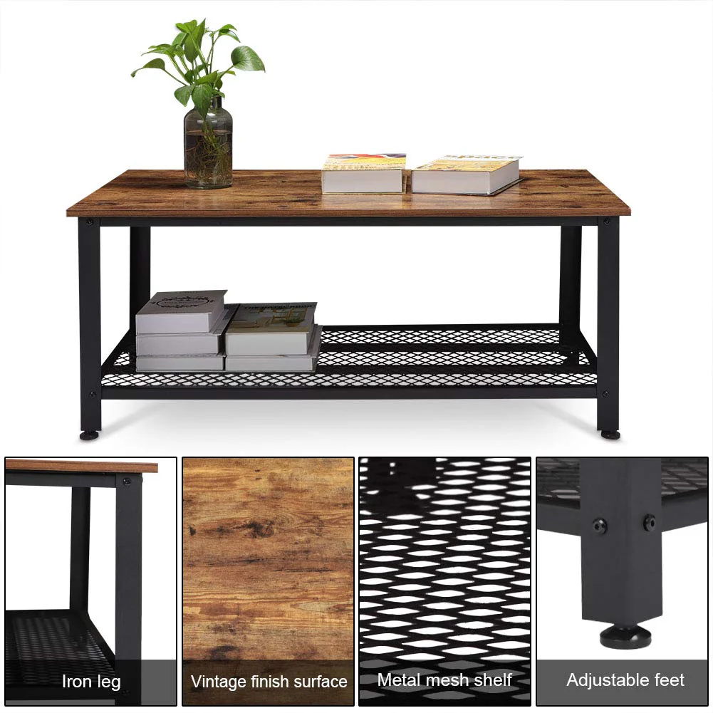 Rustic Wood Coffee Table with Storage Shelf – Metal Frame Vintage Design RWMFT - Image 7
