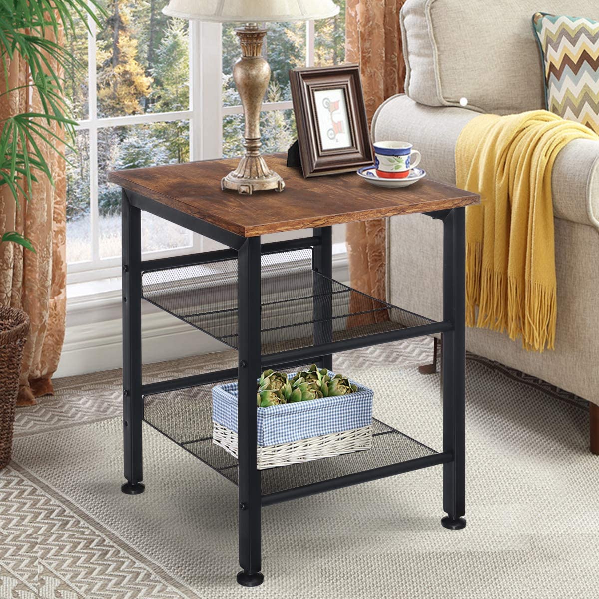 Set of 2 Rustic Wood End Tables – Farmhouse Accent Tables with Adjustable Shelves ST2108